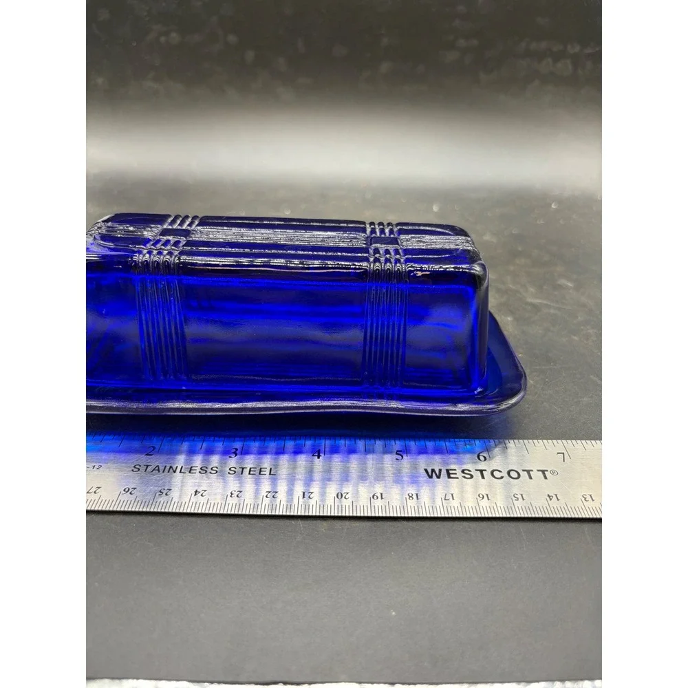 Hazel Atlas Cobalt Blue Glass Butter Dish Moderntone Art Deco Vintage 2 Piece